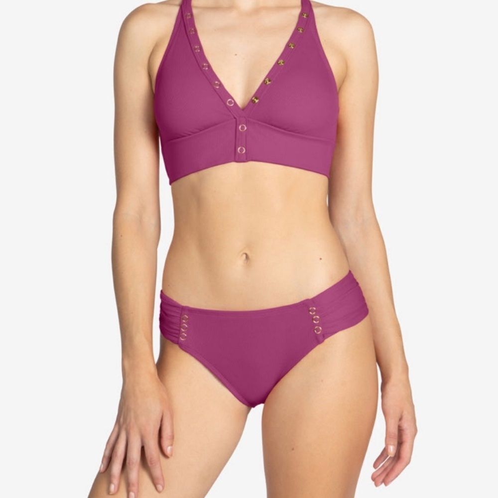 NWT ROBIN PICCONE Amy Tab Side Bikini Bottoms & Top Snap in Lotus Purple Size XS